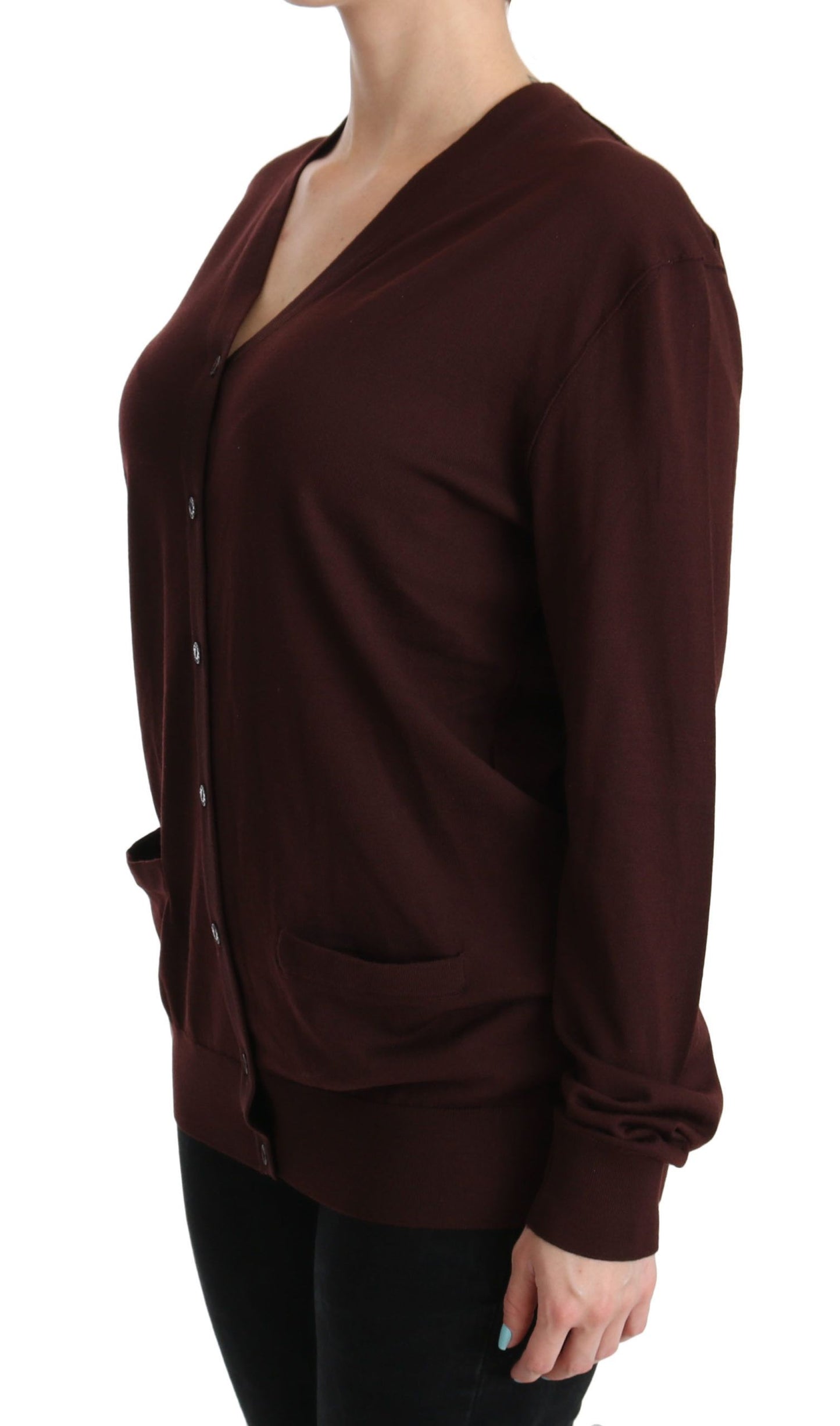 Elegant Maroon V-Neck Virgin Wool Cardigan