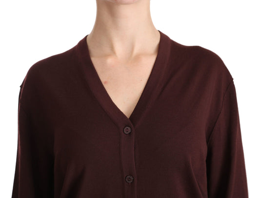 Elegant Maroon V-Neck Virgin Wool Cardigan