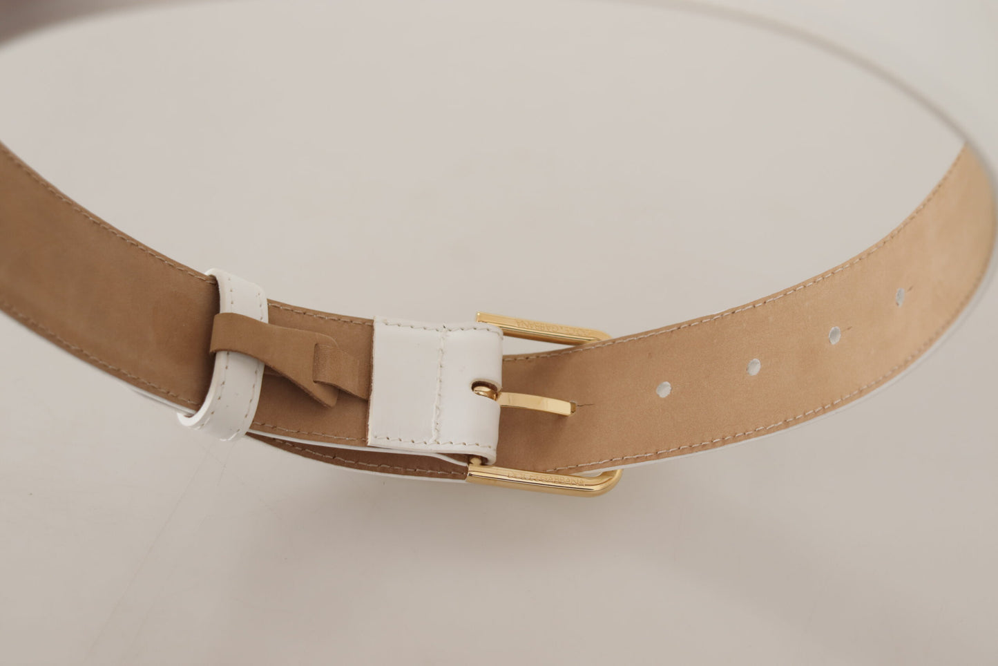 Elegant White Leather Belt with Engraved Buckle