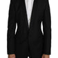 Elegant Slim Black Wool Silk Blend Blazer