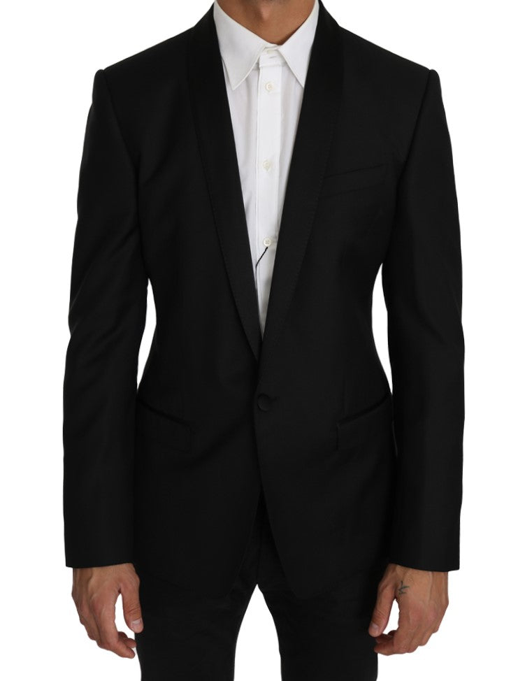 Elegant Slim Black Wool Silk Blend Blazer