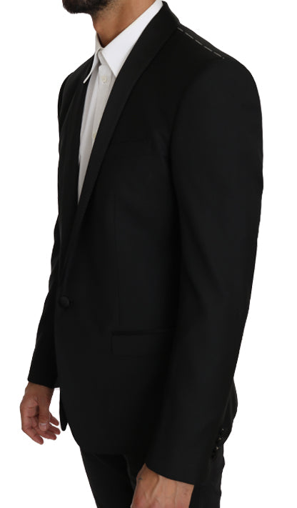 Elegant Slim Black Wool Silk Blend Blazer