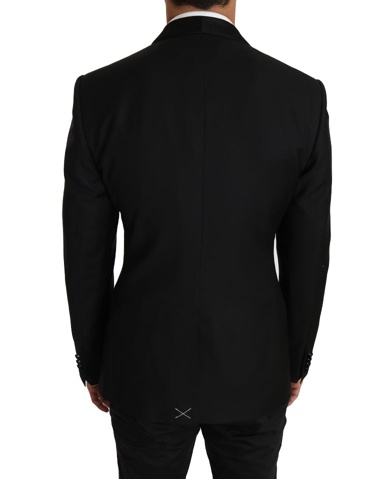 Elegant Slim Black Wool Silk Blend Blazer