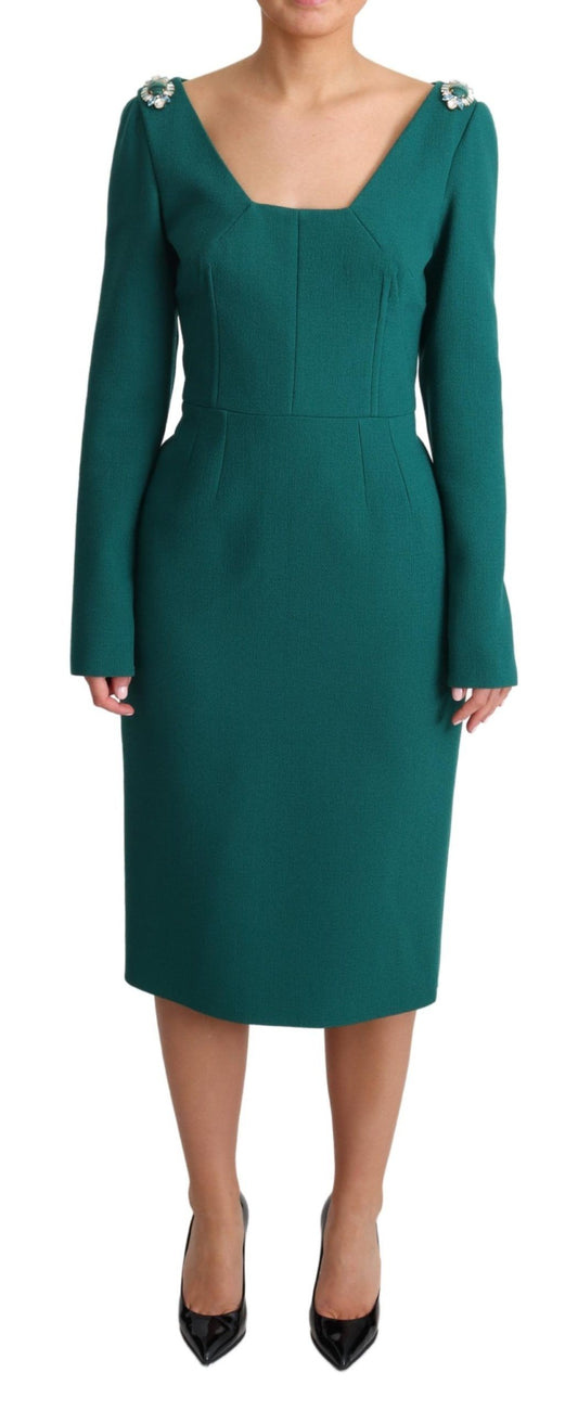 Emerald Wool Crepe Midi Dress With Crystal Brooches