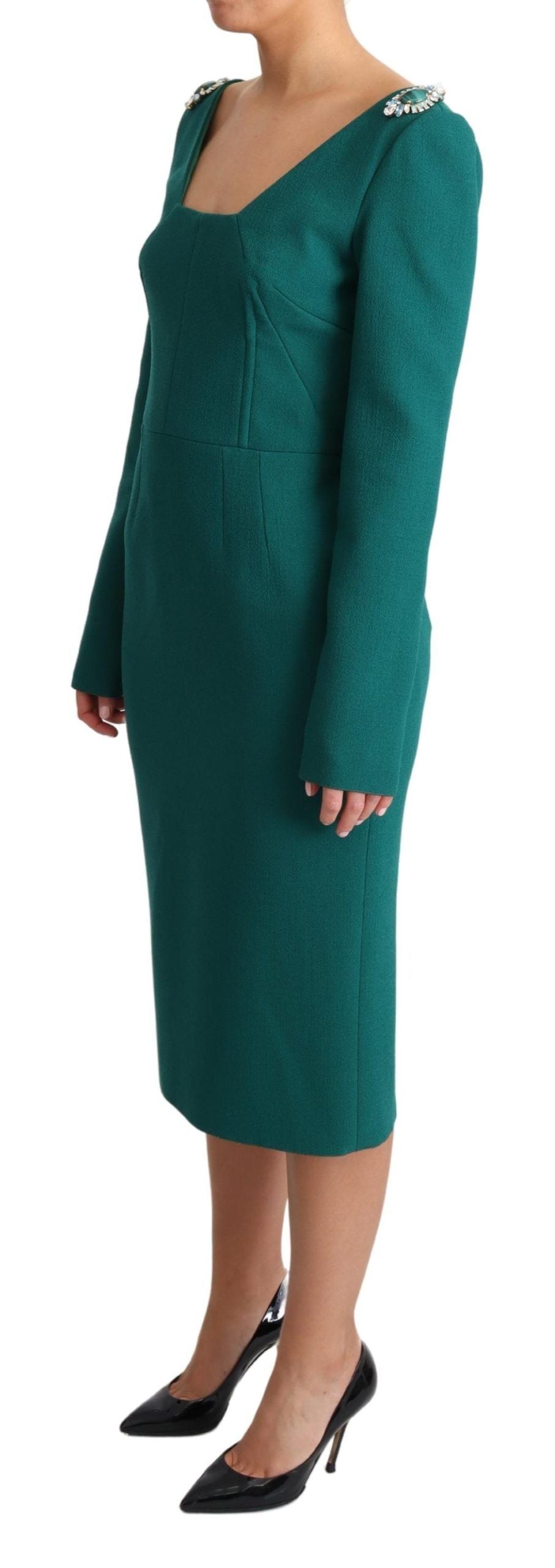 Emerald Wool Crepe Midi Dress With Crystal Brooches