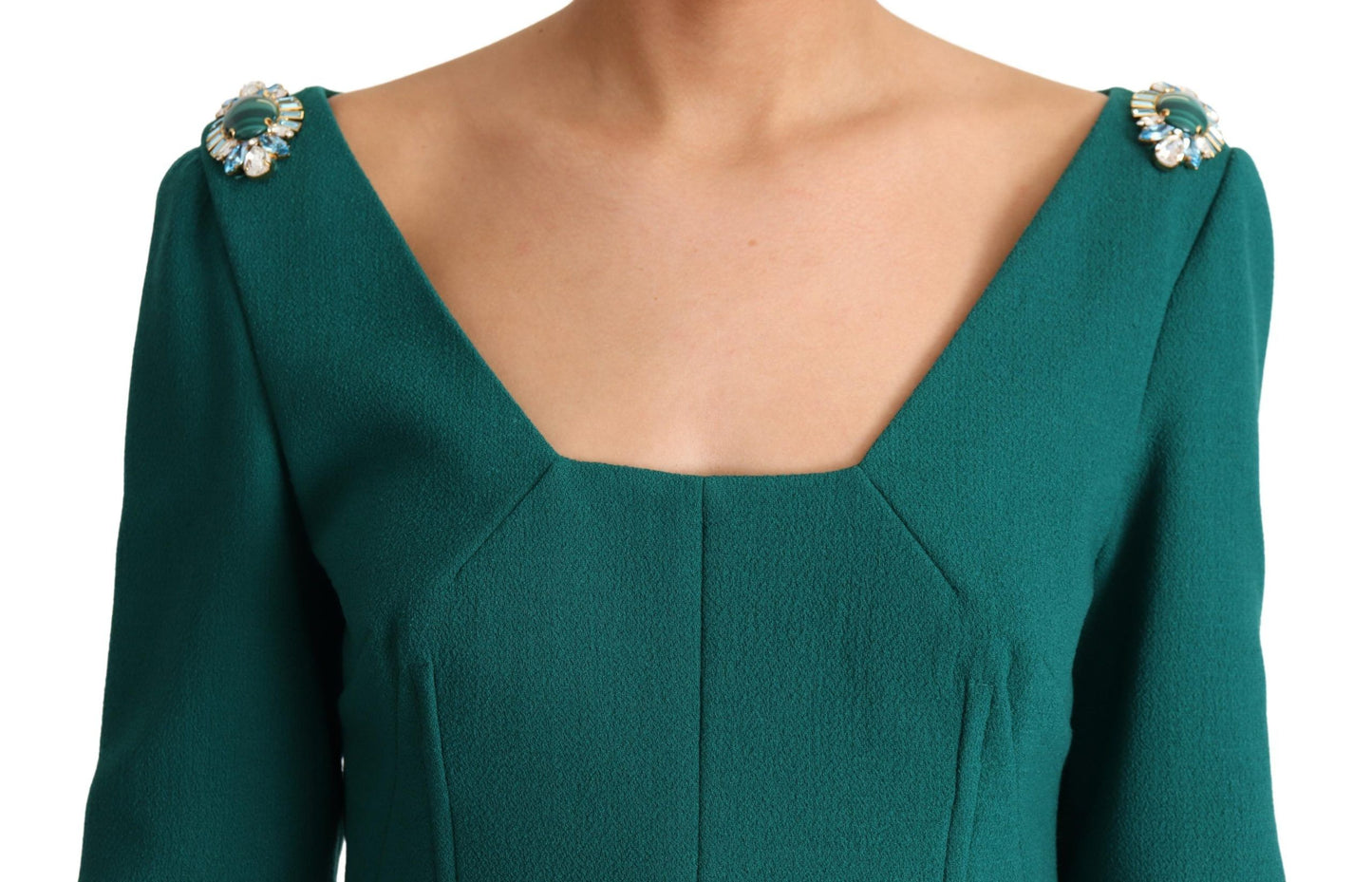 Emerald Wool Crepe Midi Dress With Crystal Brooches