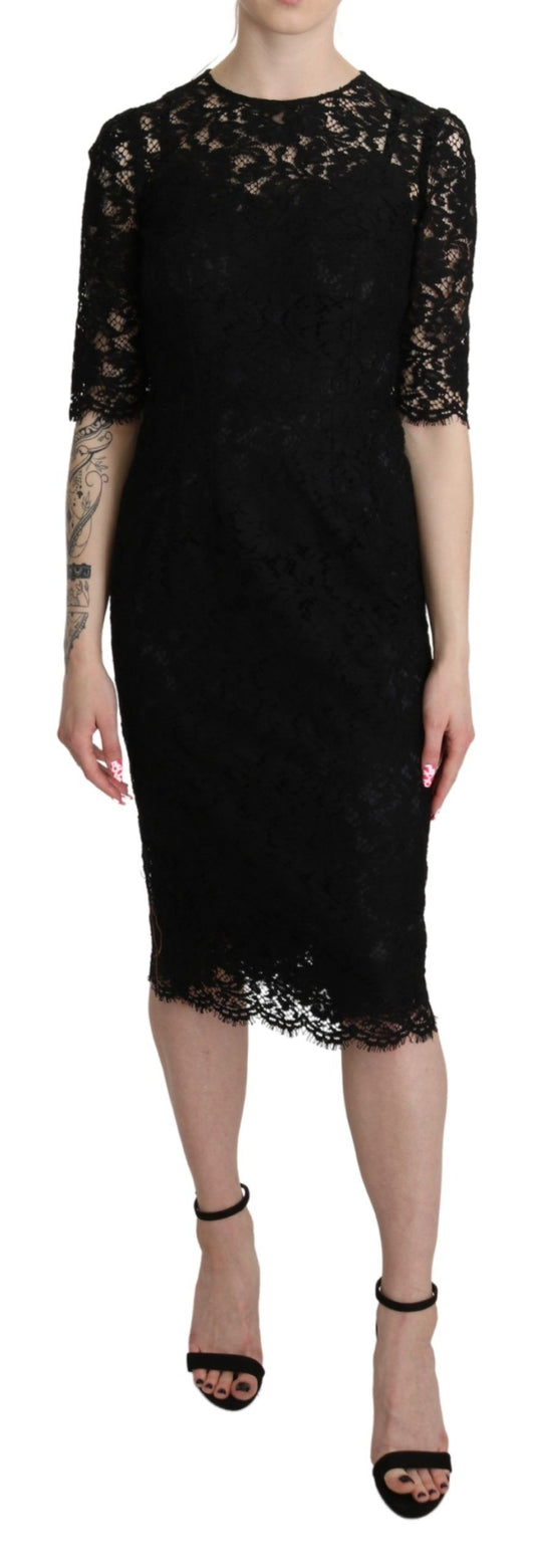 Black Floral Lace Sheath Knee Length Dress