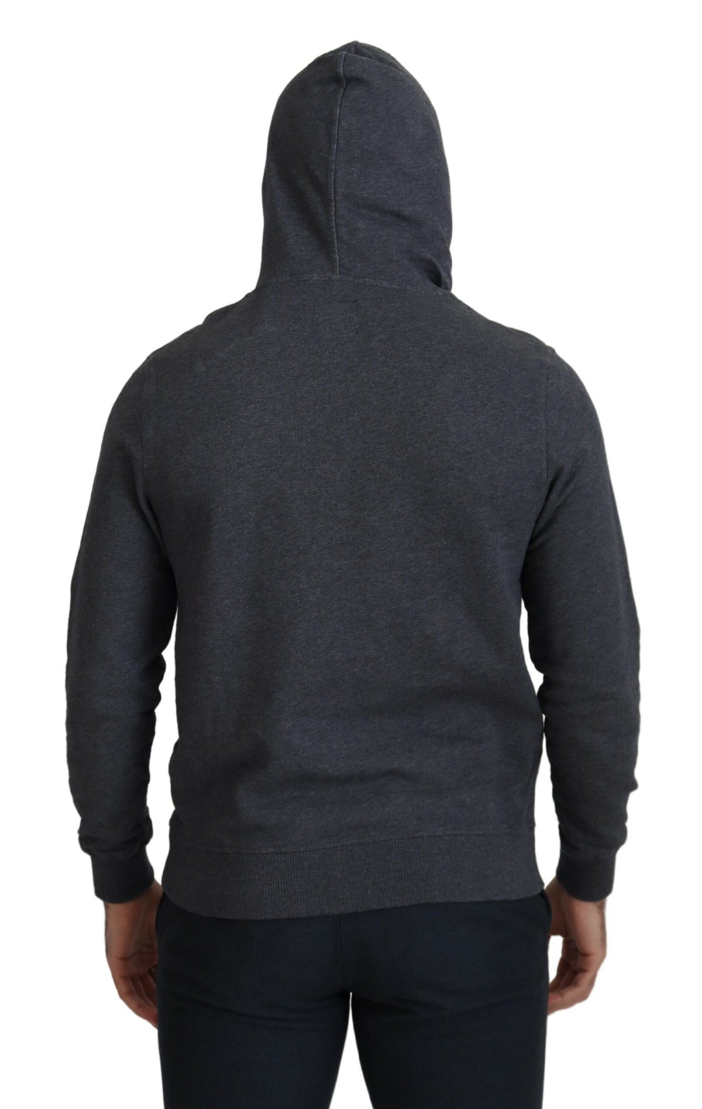 Elegant Gray Cotton Hooded Pullover Sweater