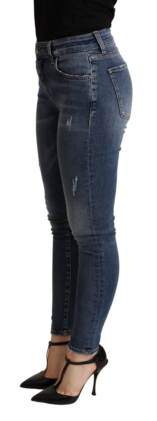 Elegant Mid Waist Skinny Blue Jeans