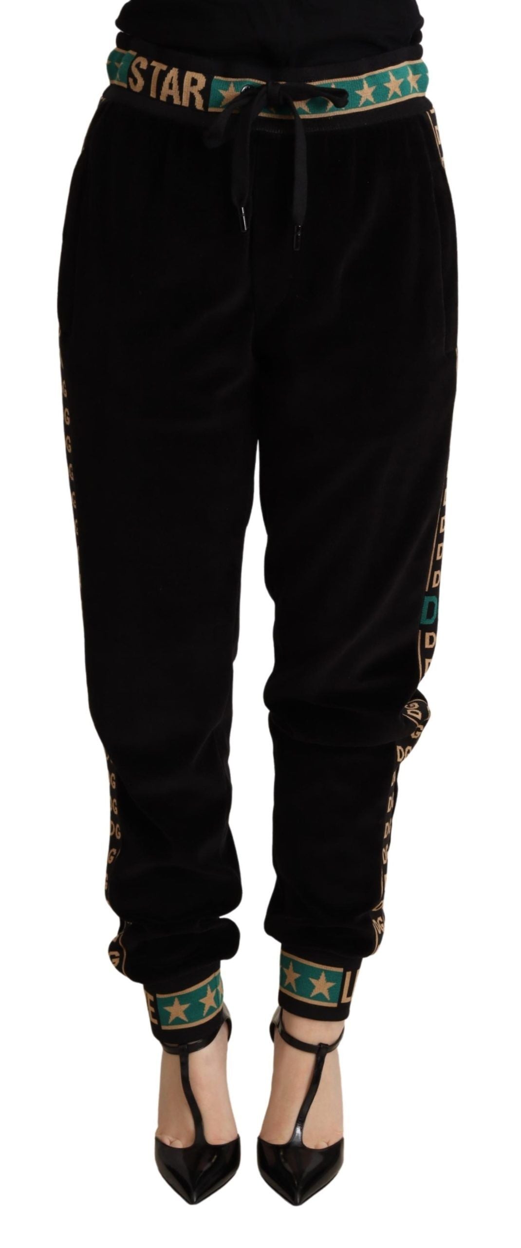 Chic Black Velour Embroidered Sweatpants