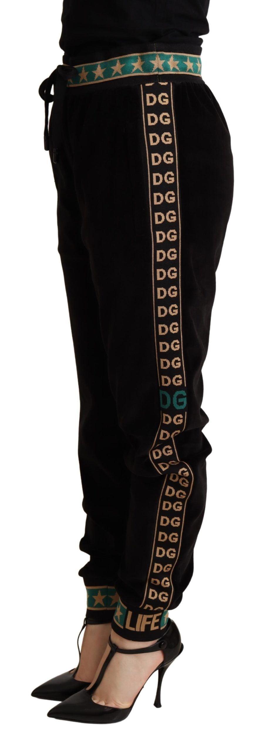 Chic Black Velour Embroidered Sweatpants