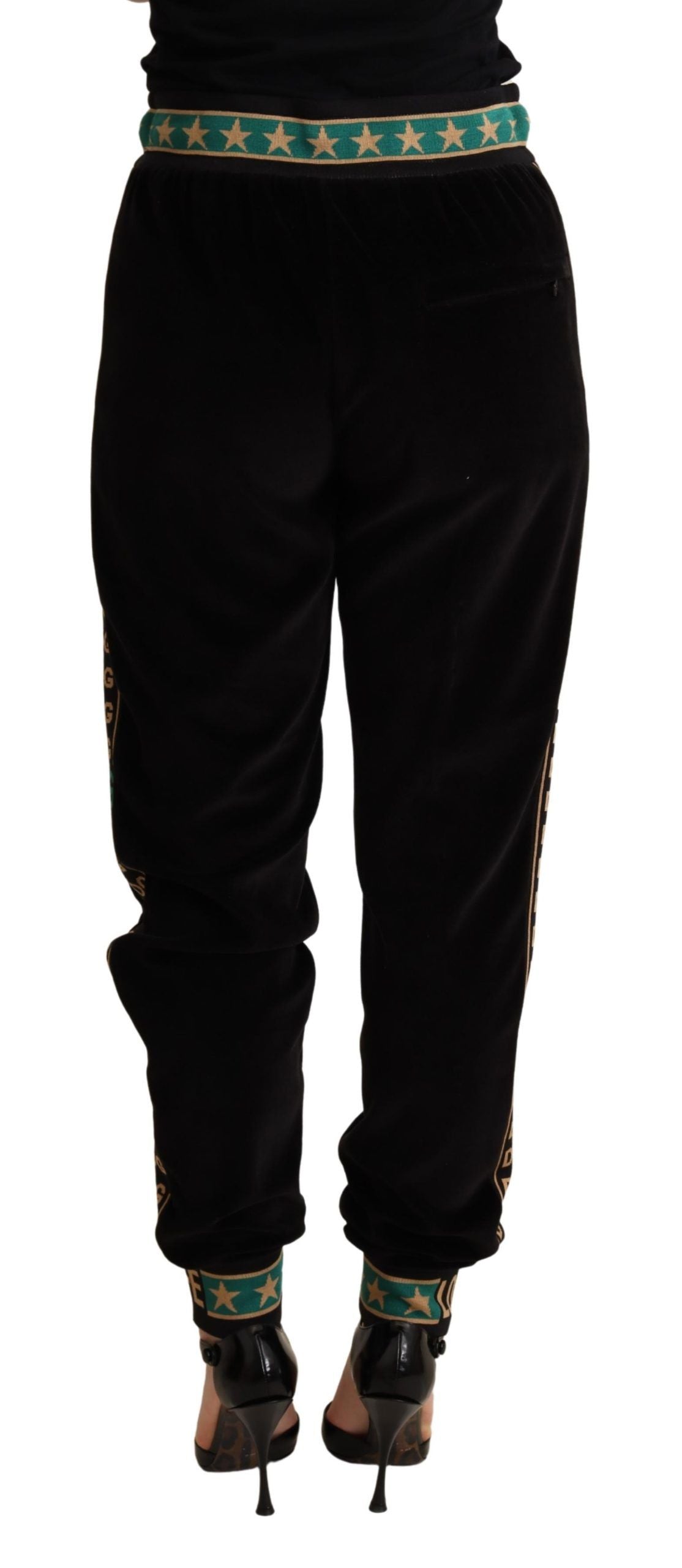 Chic Black Velour Embroidered Sweatpants