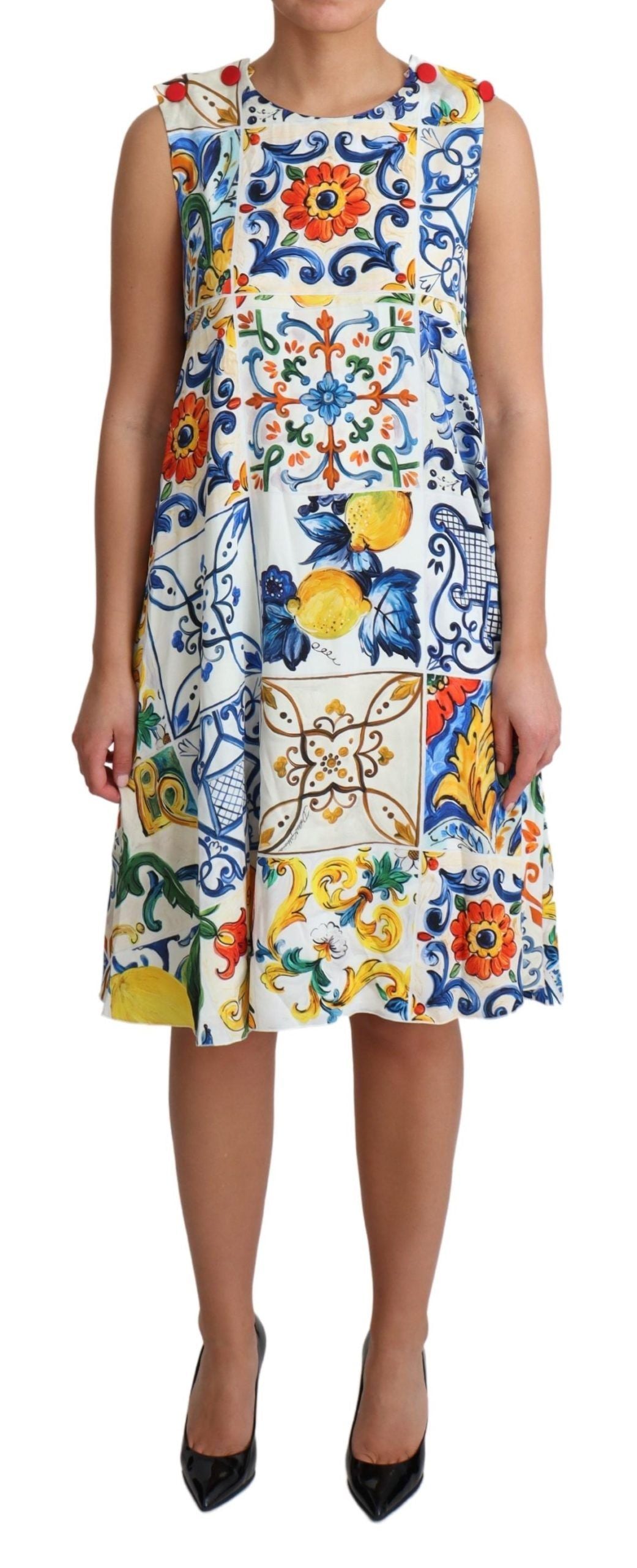 Majolica Print Silk Sleeveless Knee-Length Dress