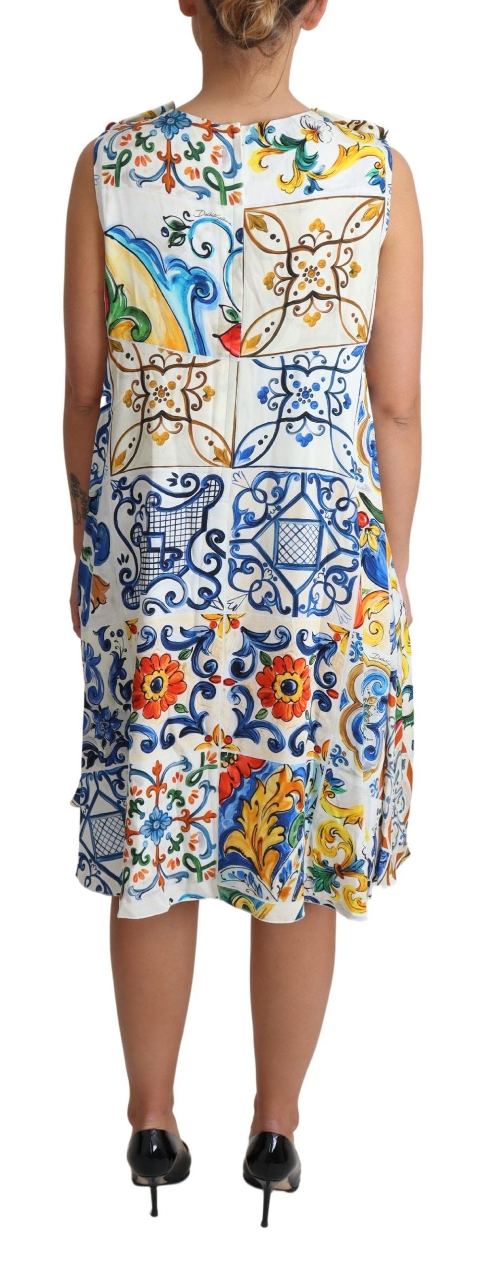 Majolica Print Silk Sleeveless Knee-Length Dress