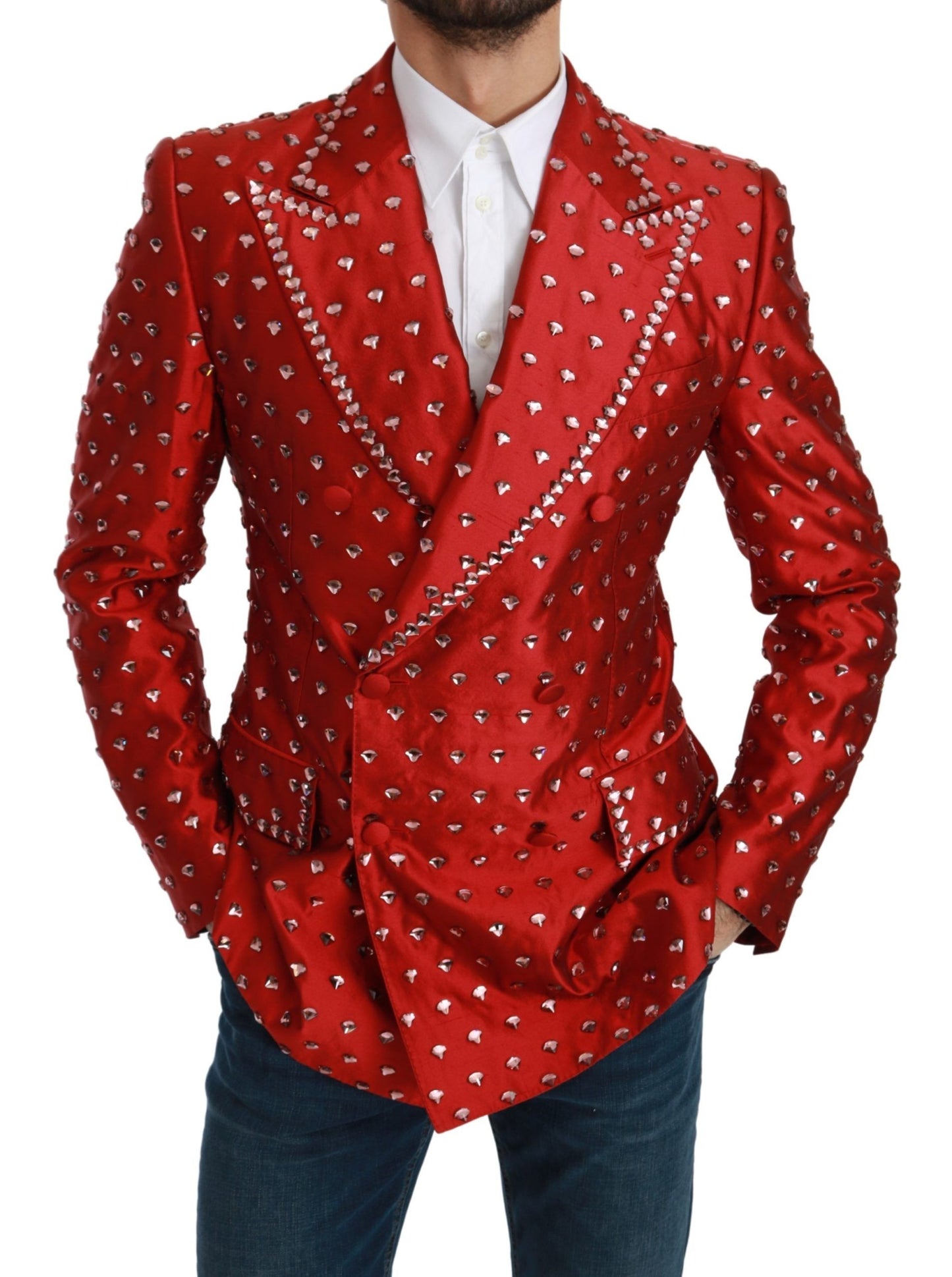 Elegant Red Silk Double Breasted Blazer