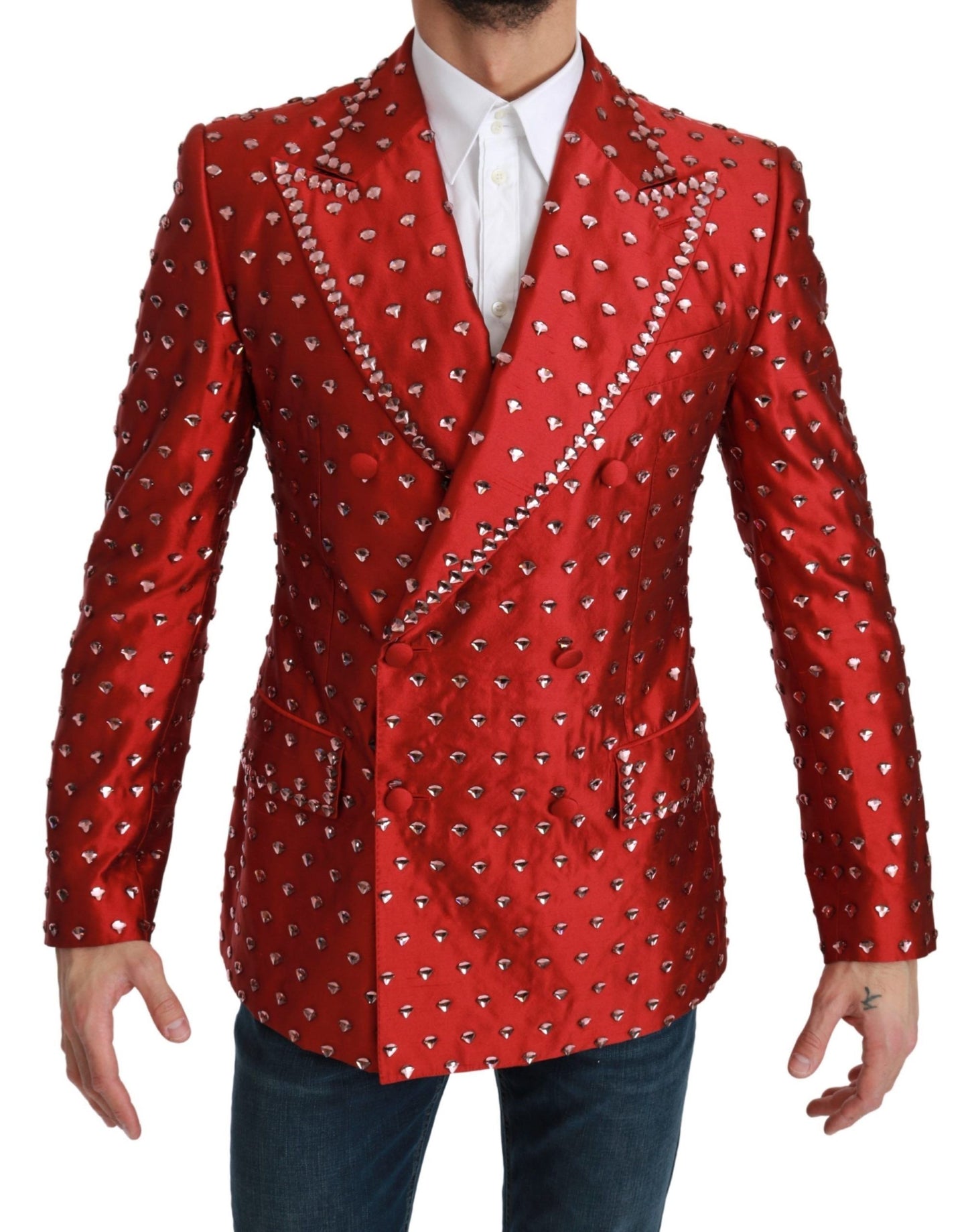 Elegant Red Silk Double Breasted Blazer