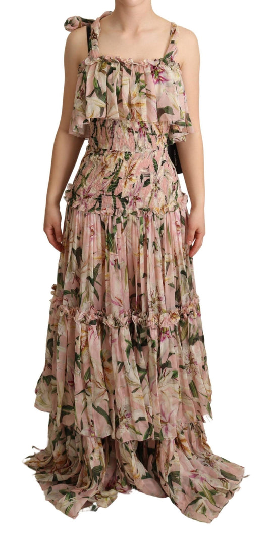 Elegant Sleeveless Floral Ruched Silk Long Dress