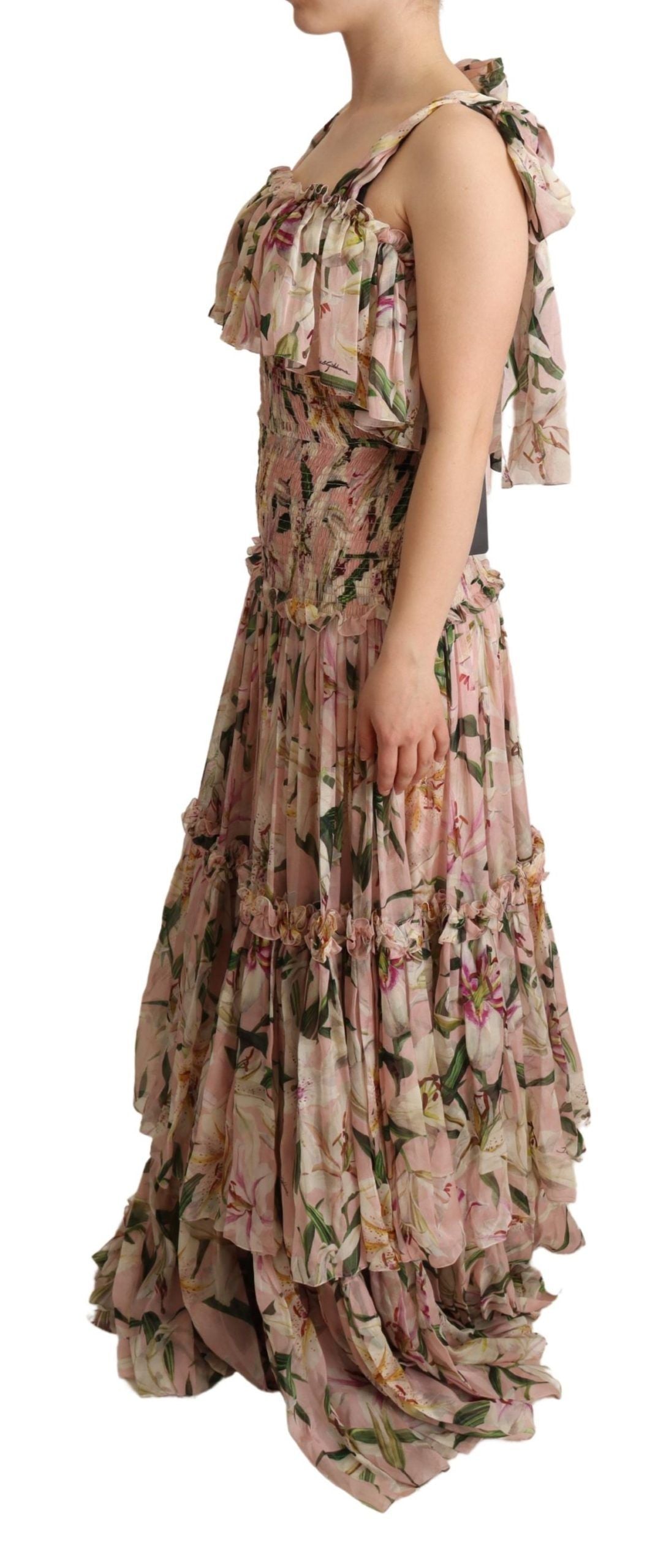 Elegant Sleeveless Floral Ruched Silk Long Dress