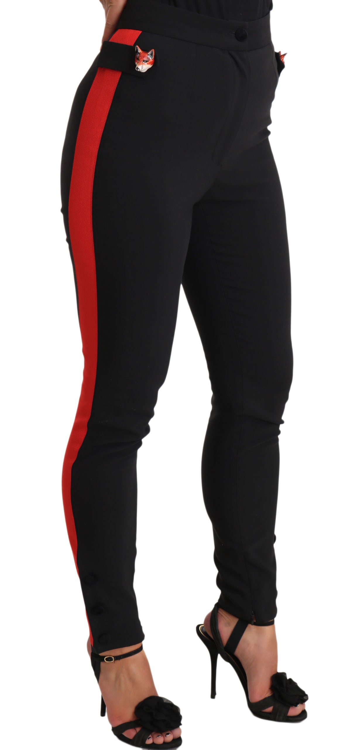 Chic Black Mid-Waist Skinny Pants with Red Stripe