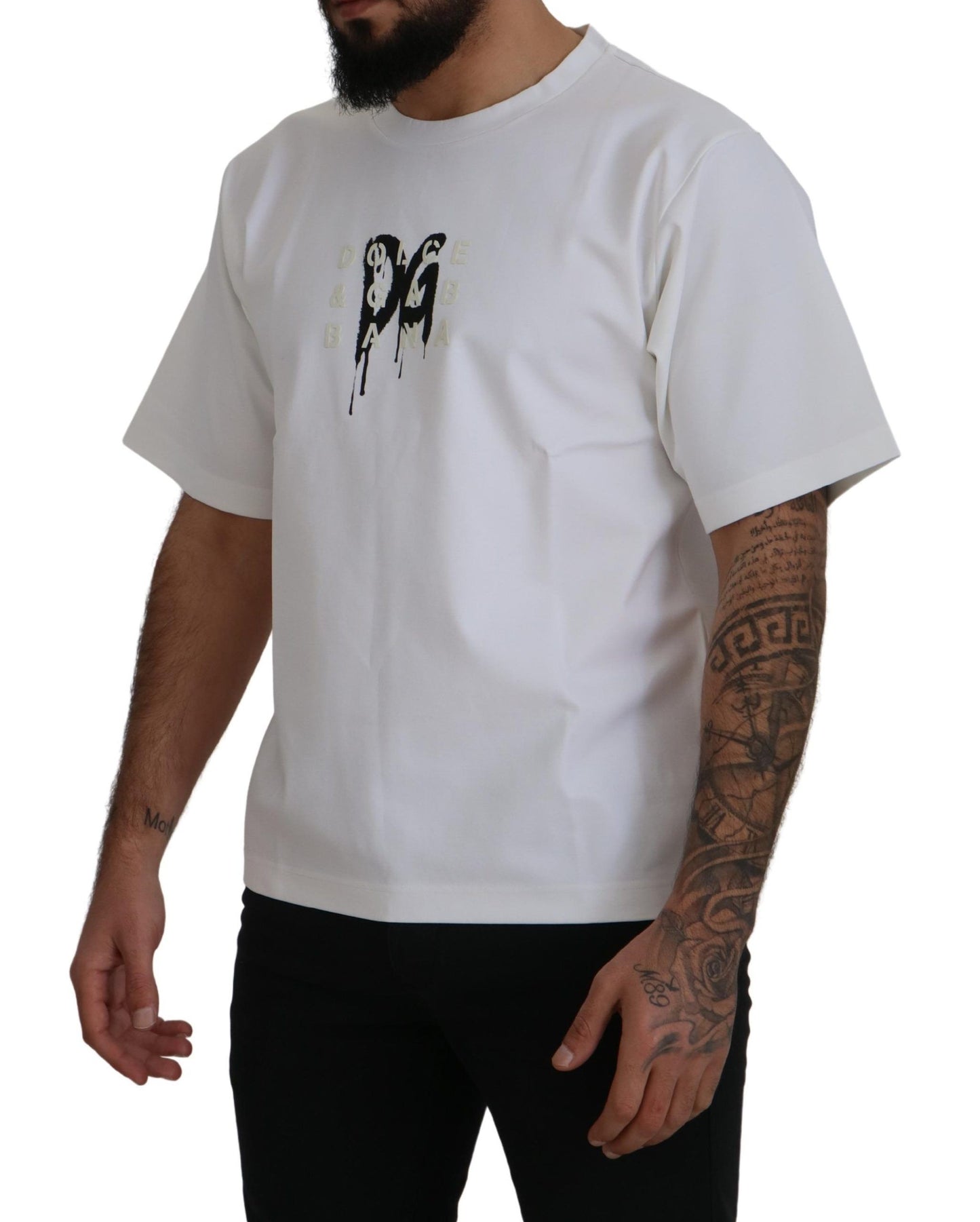 White Logo Print Cotton Crewneck T-shirt