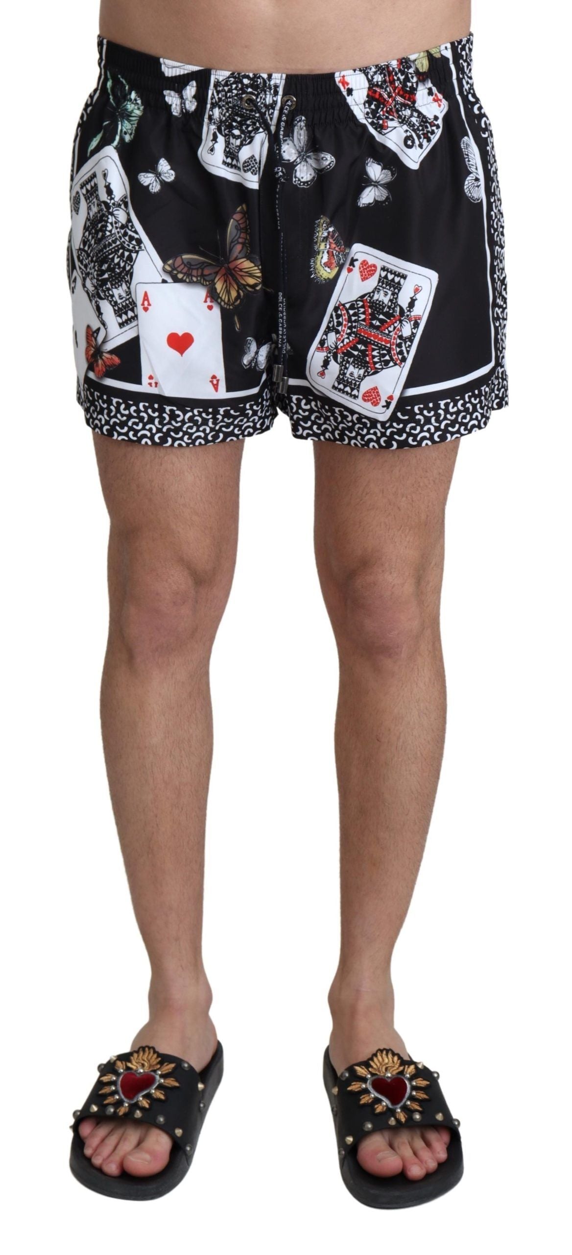 Elegant Black Swim Trunks with Unique Deck Cards Print