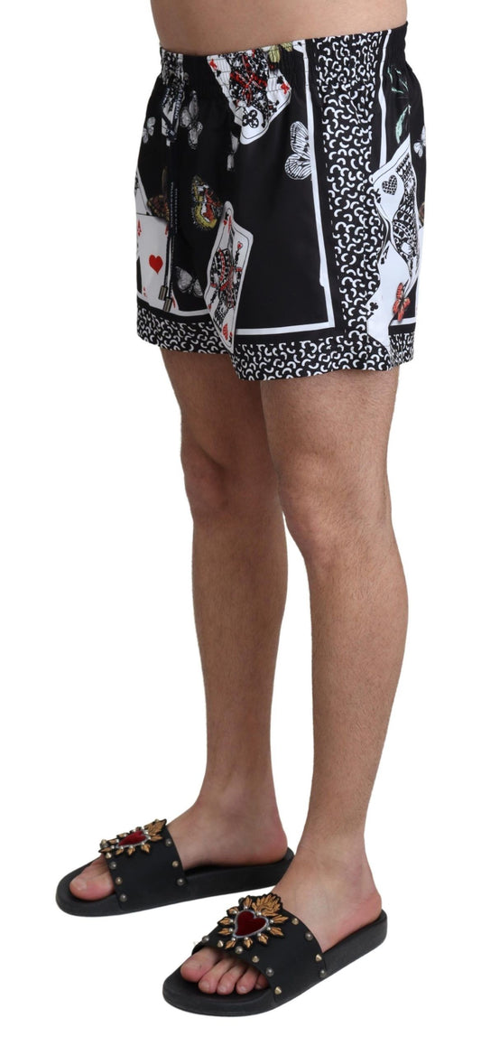 Elegant Black Swim Trunks with Unique Deck Cards Print