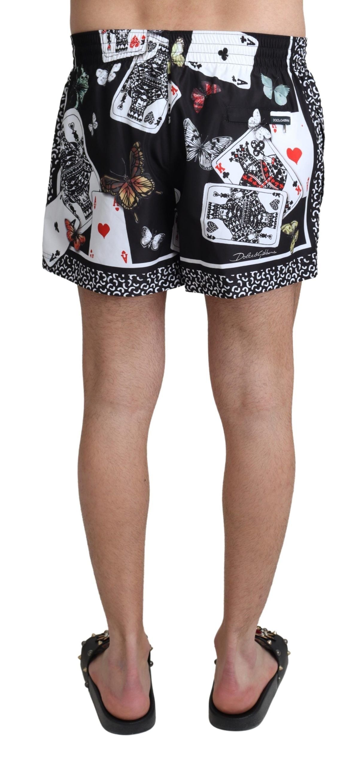 Elegant Black Swim Trunks with Unique Deck Cards Print