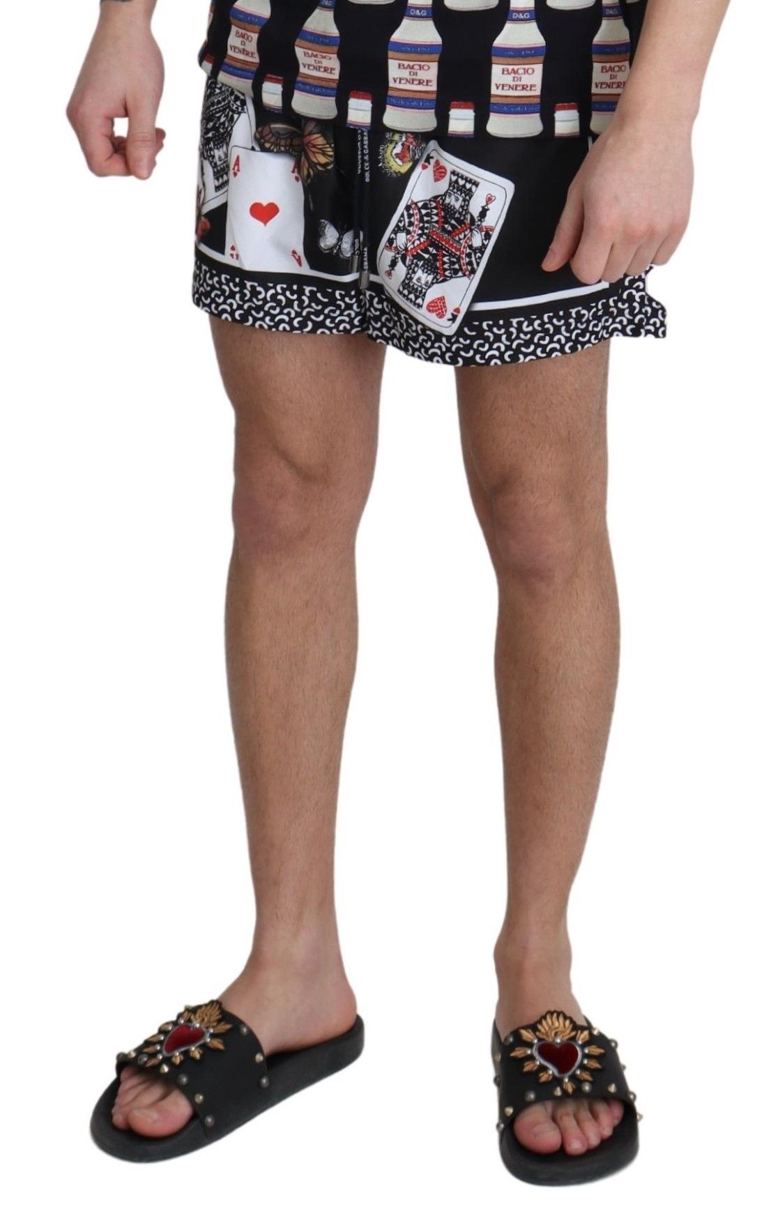 Elegant Black Swim Trunks with Unique Deck Cards Print