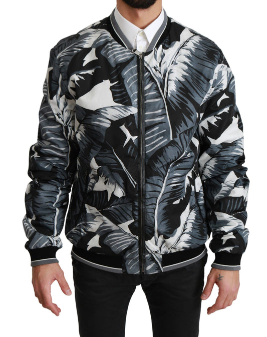 Black Banana Leaf Print Bomber Jacket