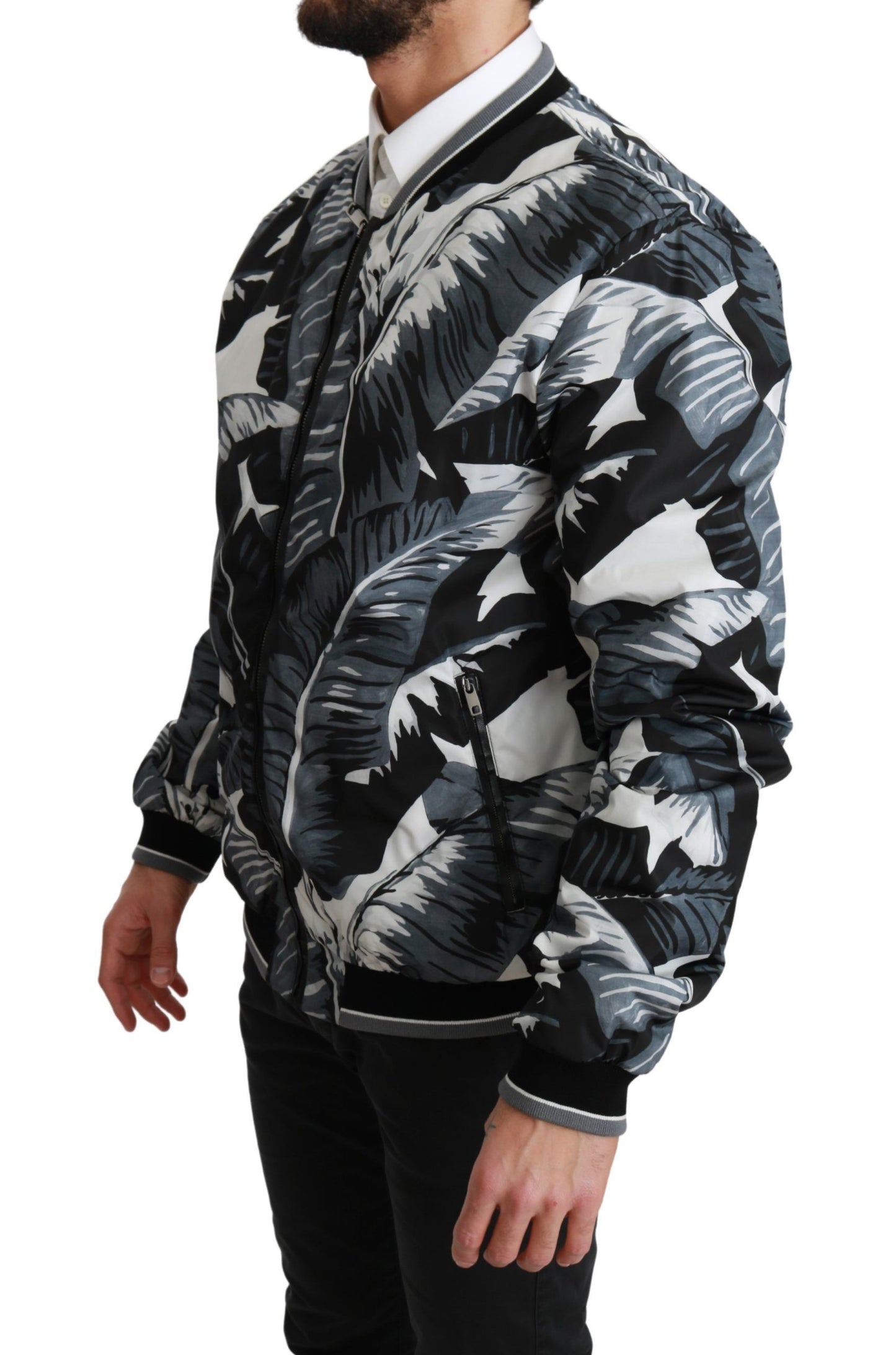 Black Banana Leaf Print Bomber Jacket