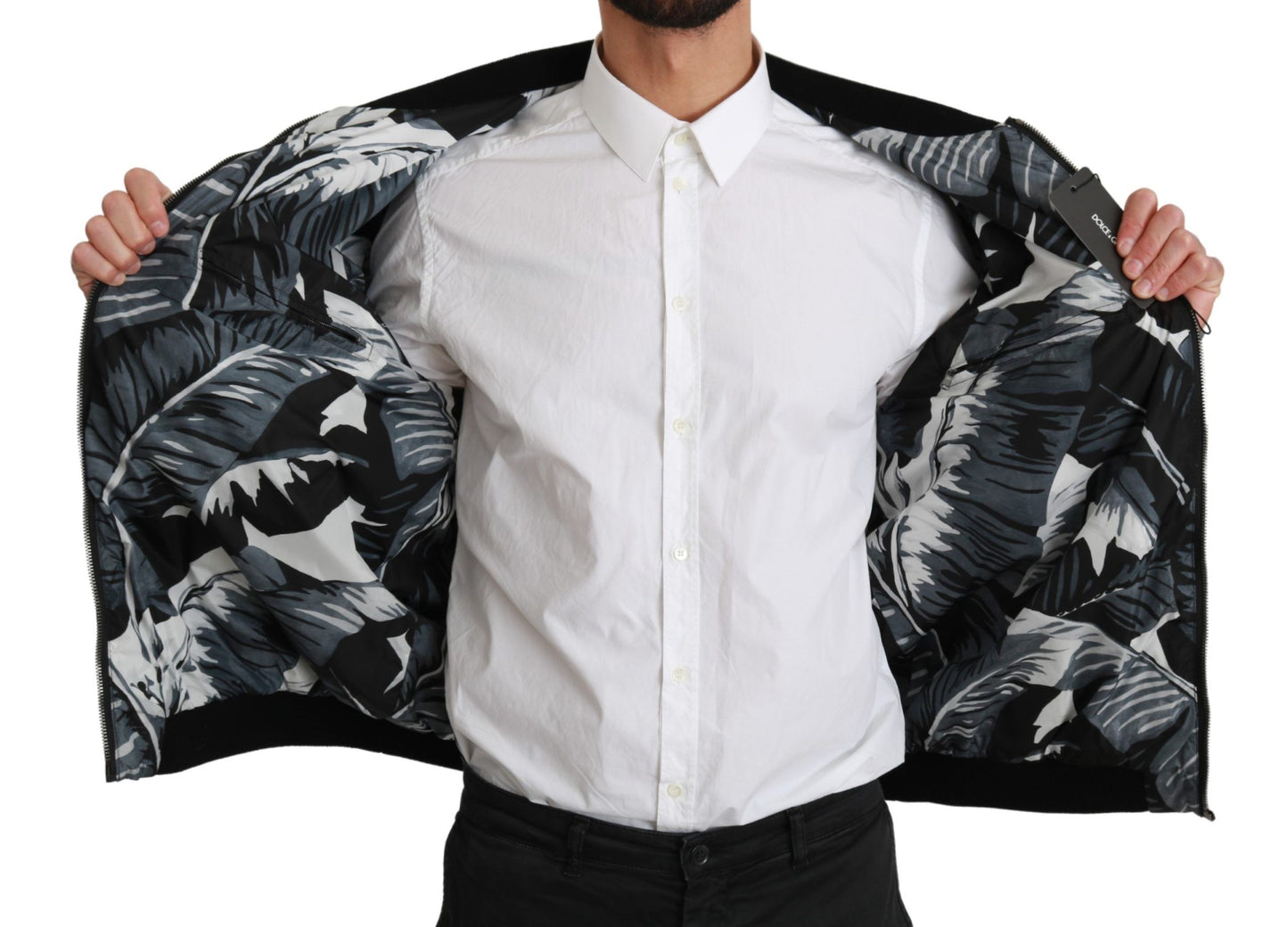 Black Banana Leaf Print Bomber Jacket