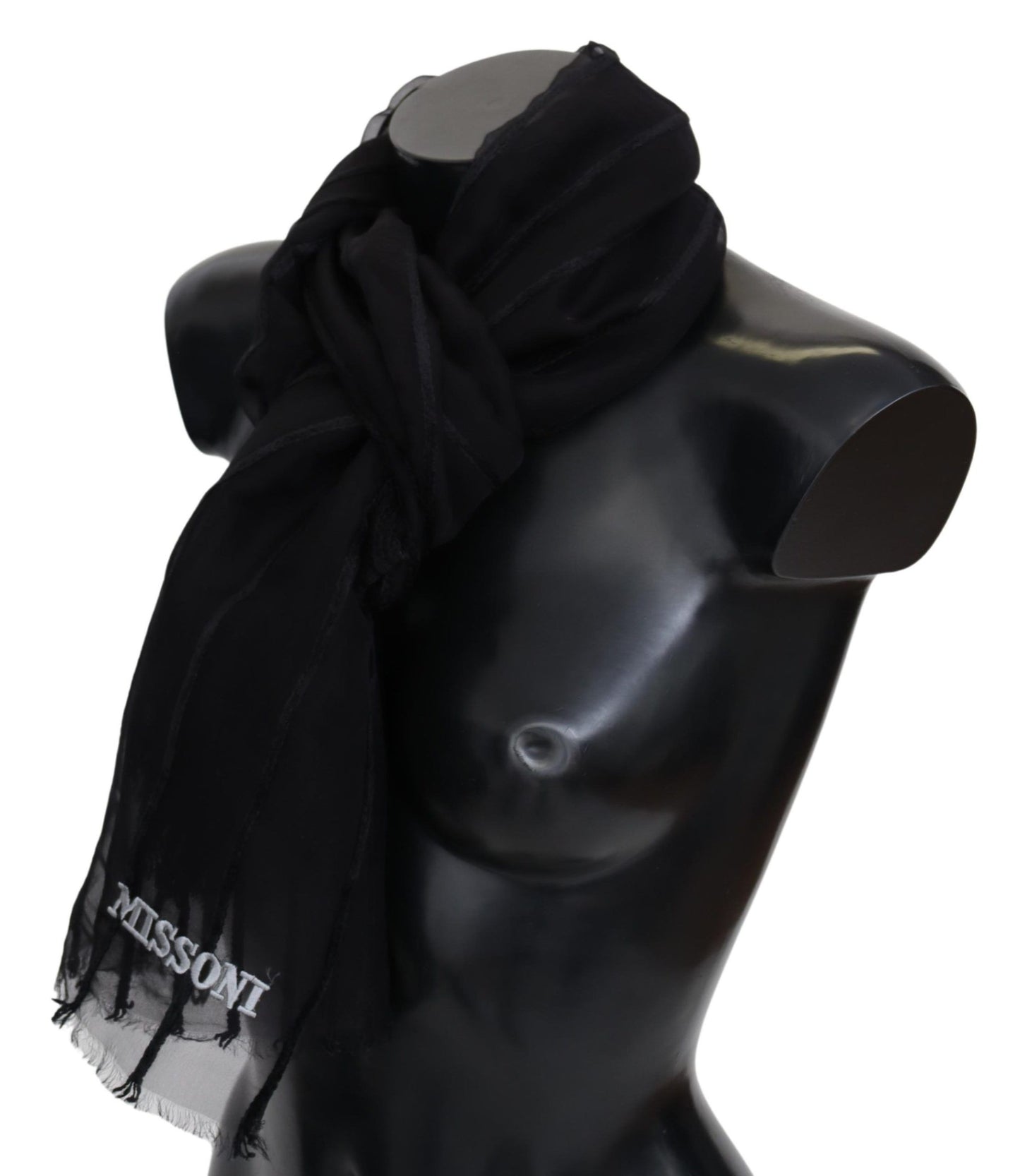 Elegant Black Wool Mesh Fringe Scarf