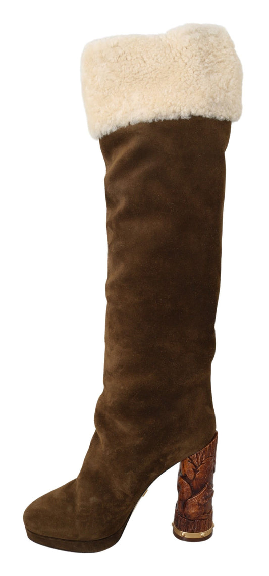 Elegant Knee High Suede Boots in Brown and White