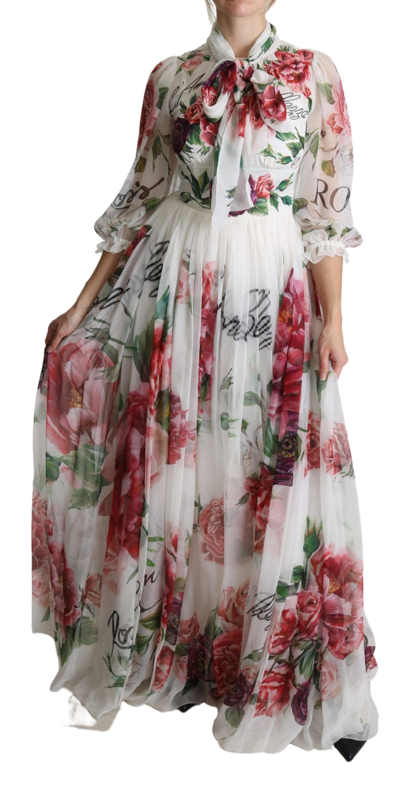 Elegant Floral Scarf Neck Pleated Gown