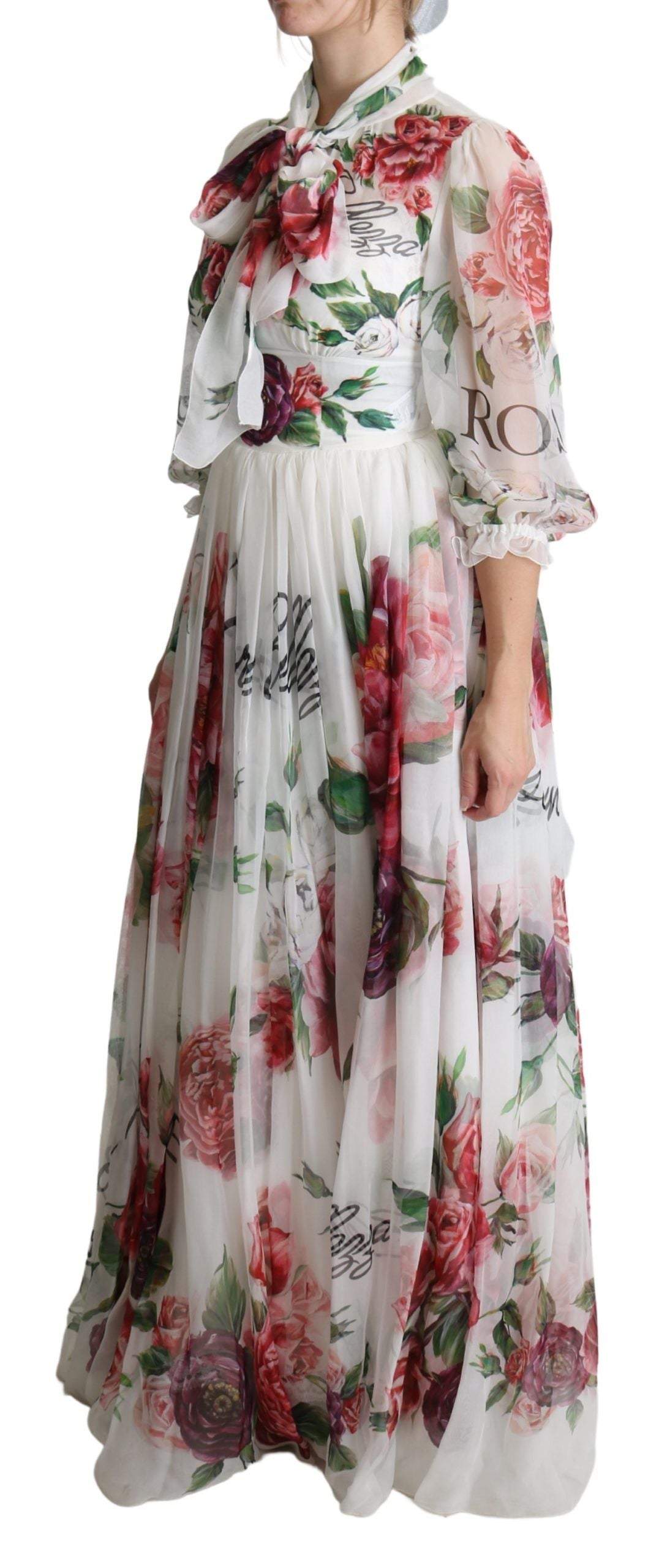 Elegant Floral Scarf Neck Pleated Gown