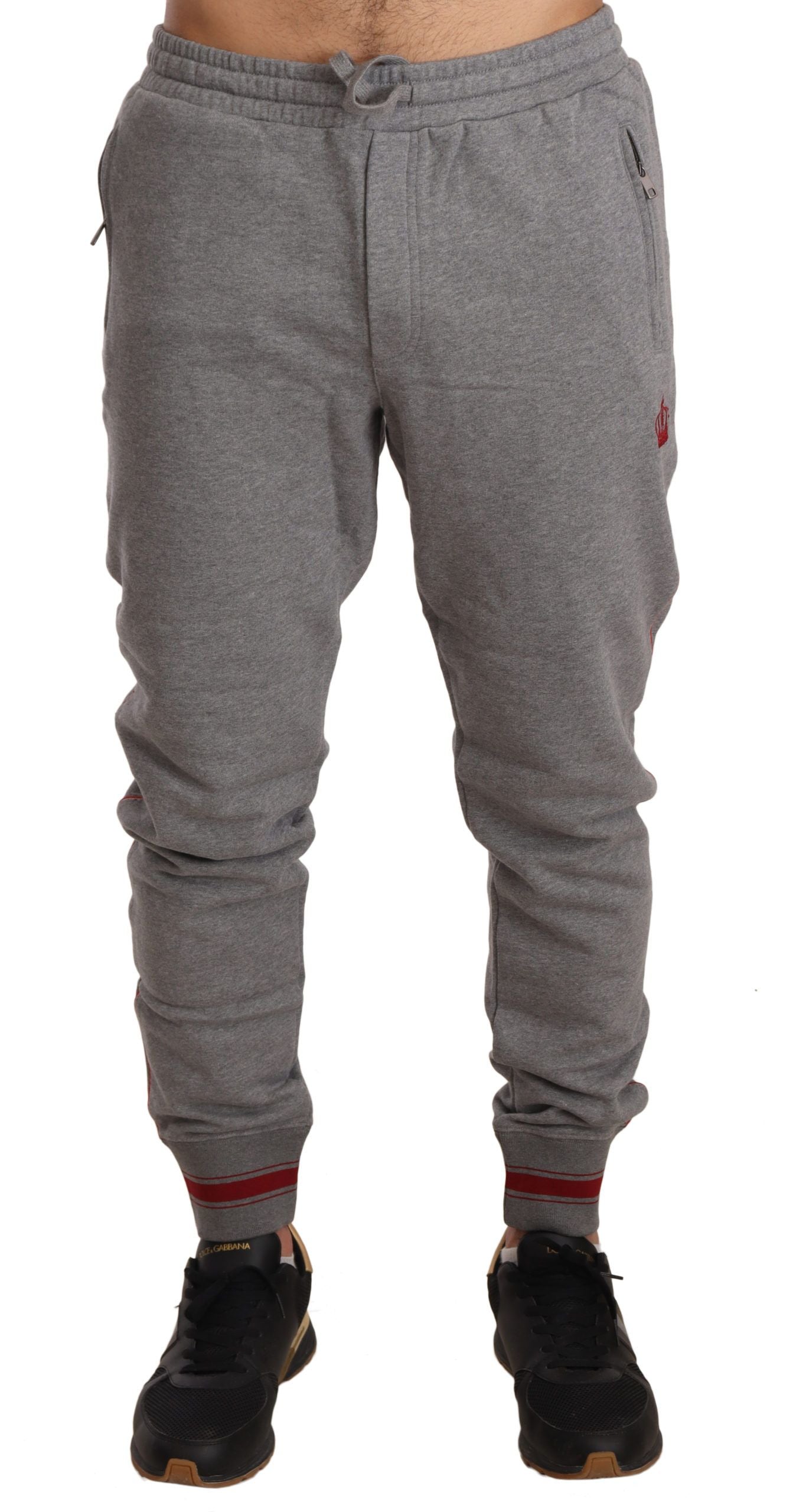 Elegant Gray Crown Embroidery Sweatpants