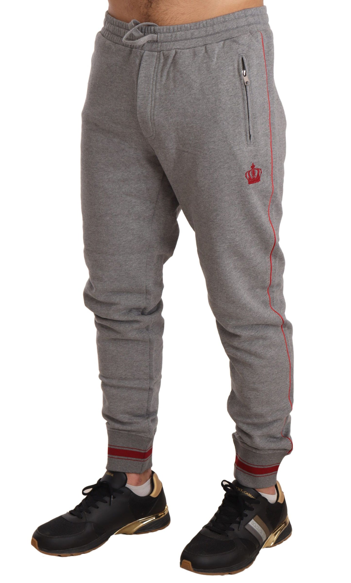 Elegant Gray Crown Embroidery Sweatpants