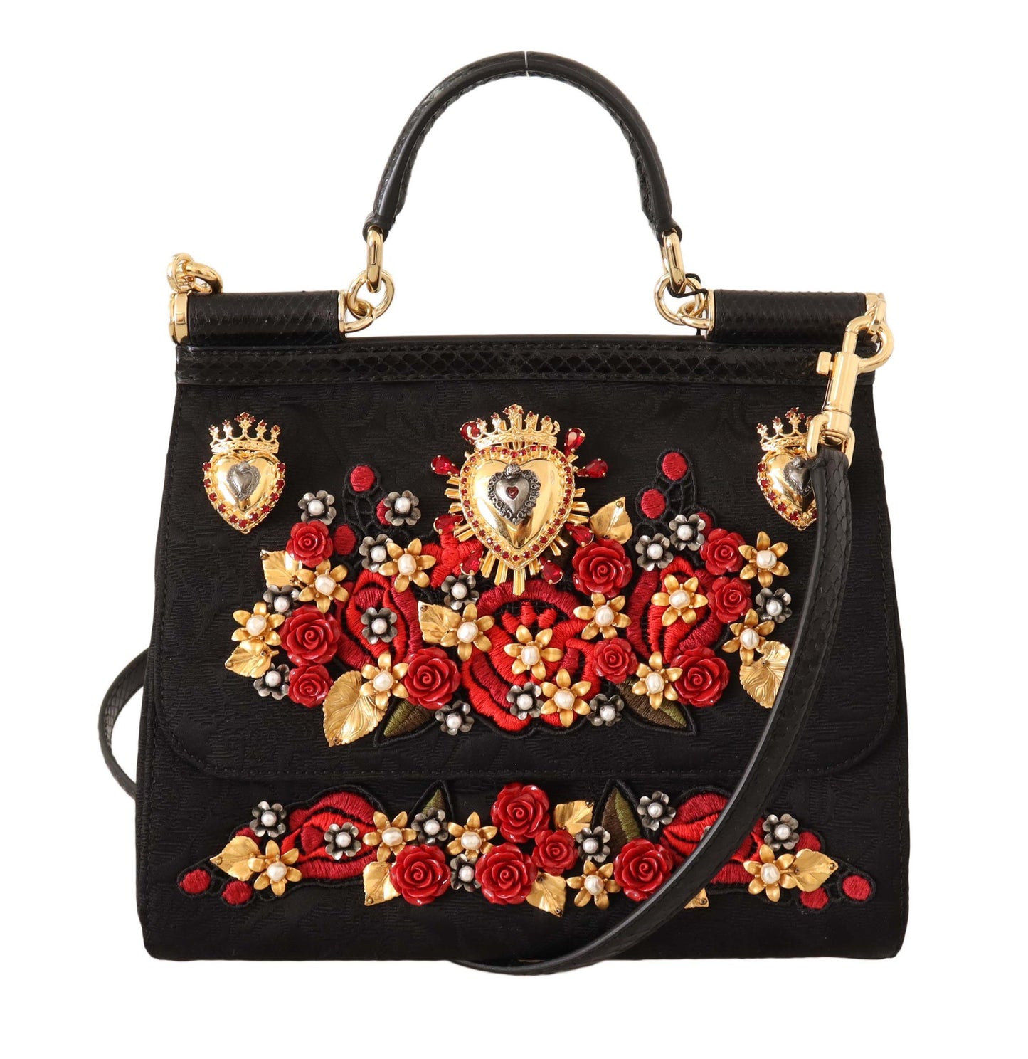 Elegant Black Brocade Shoulder Bag with Red Roses