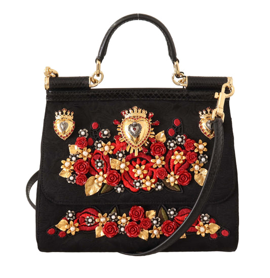 Elegant Black Brocade Shoulder Bag with Red Roses