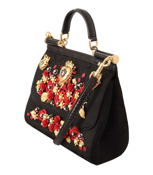 Elegant Black Brocade Shoulder Bag with Red Roses