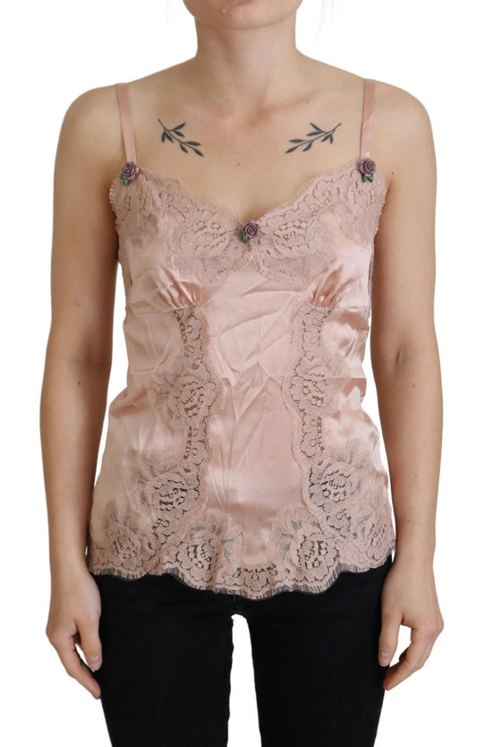 Pink Satin Lace Roses Tank Top Lingerie