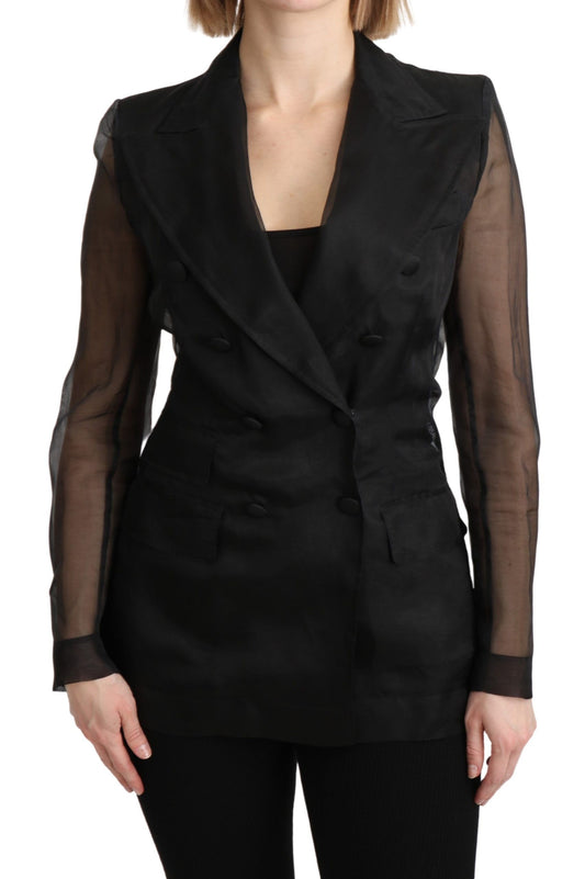 Elegant Black Silk Double Breasted Blazer