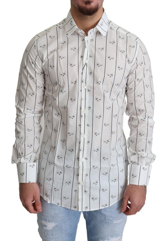 Elegant White Bee Print Cotton Shirt