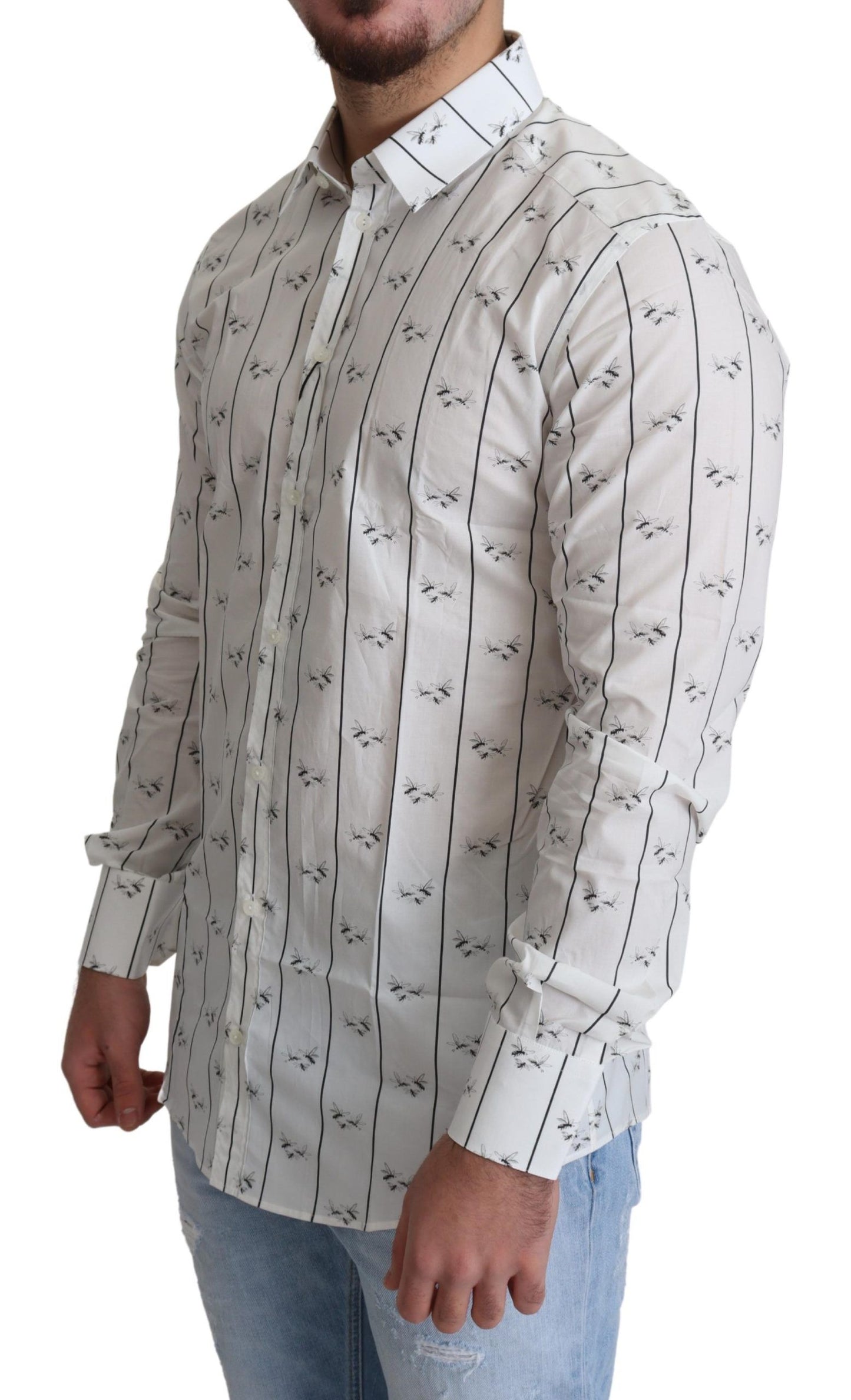 Elegant White Bee Print Cotton Shirt