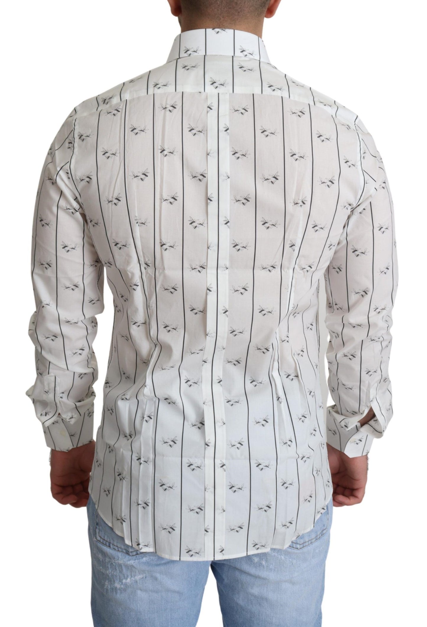 Elegant White Bee Print Cotton Shirt