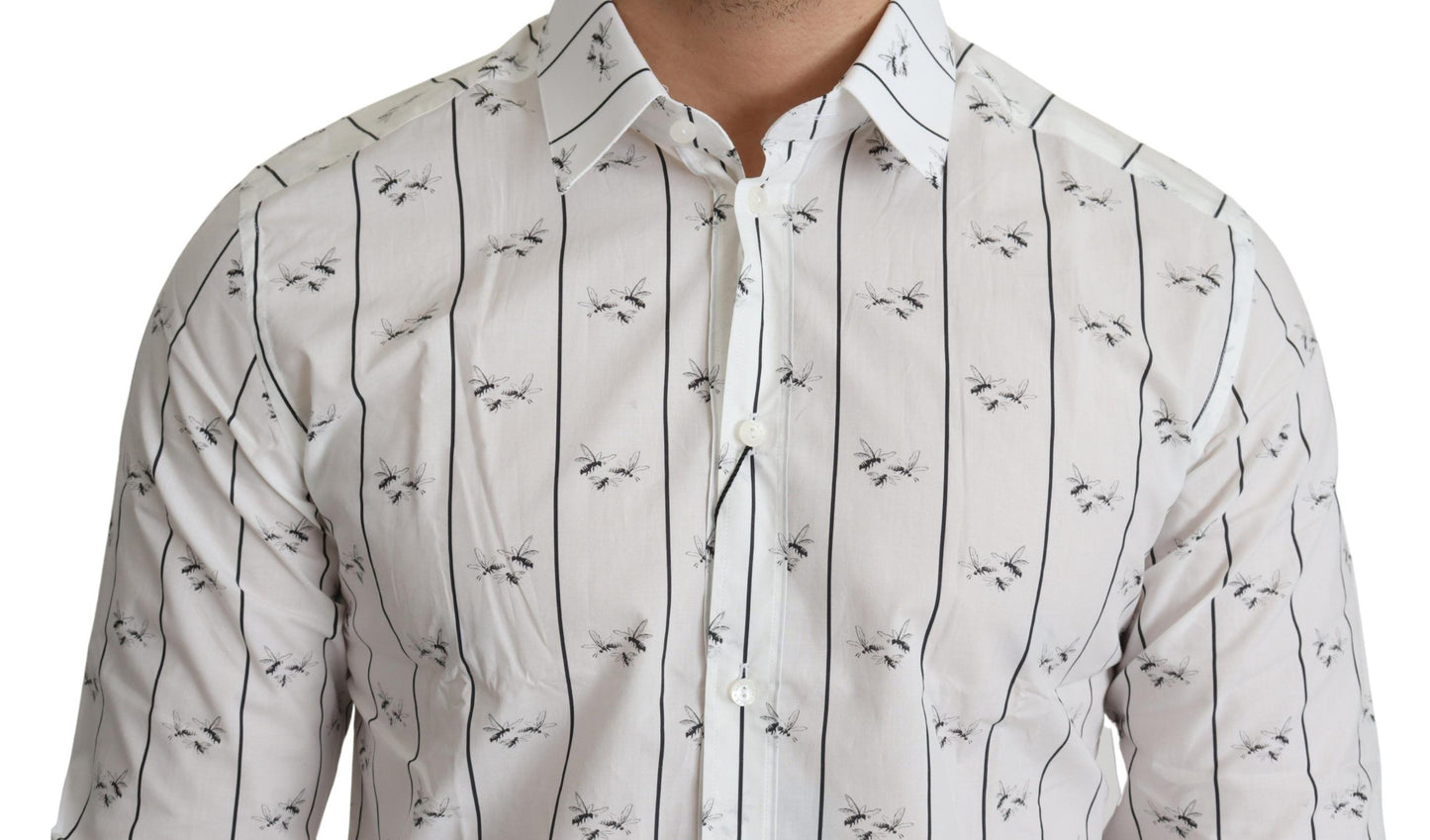 Elegant White Bee Print Cotton Shirt