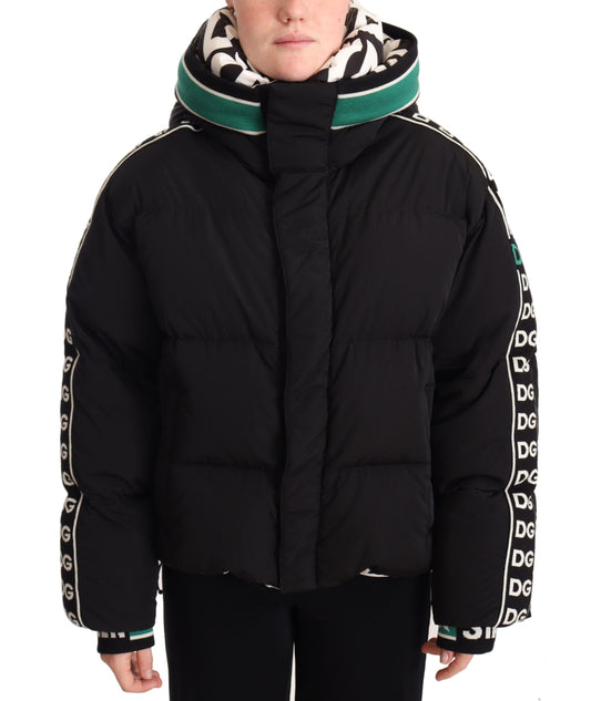 Luxurious Black Puffer Jacket with Logo Ribbons