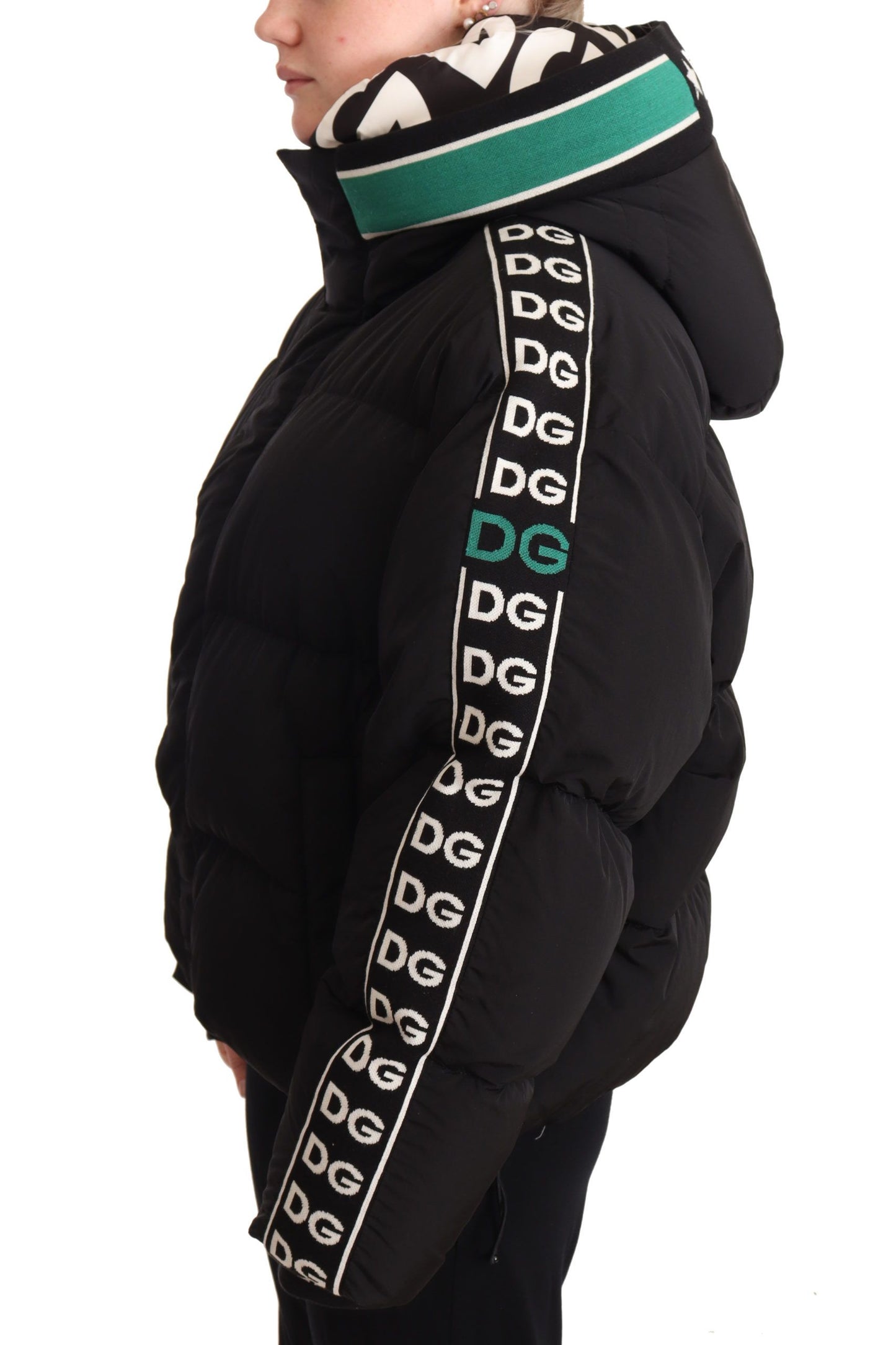 Luxurious Black Puffer Jacket with Logo Ribbons