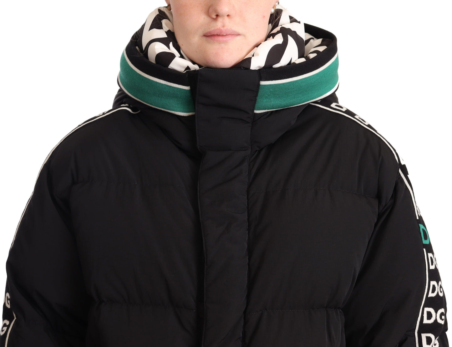 Luxurious Black Puffer Jacket with Logo Ribbons