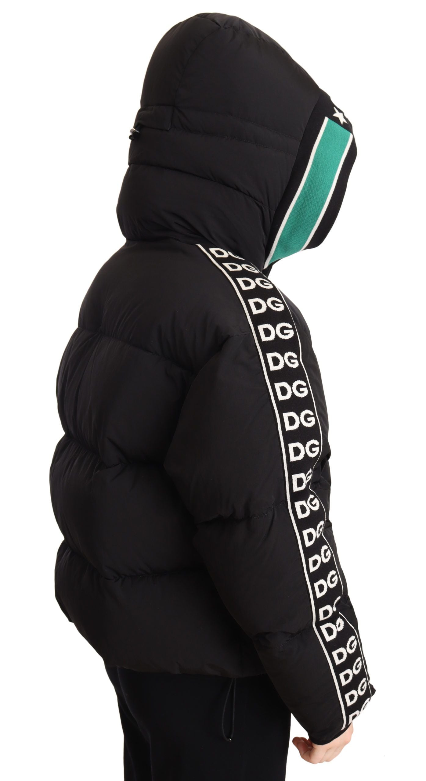 Luxurious Black Puffer Jacket with Logo Ribbons